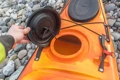 A close-up of the rear storage hatch, featured on the Riot Brittany 16.5 kayak